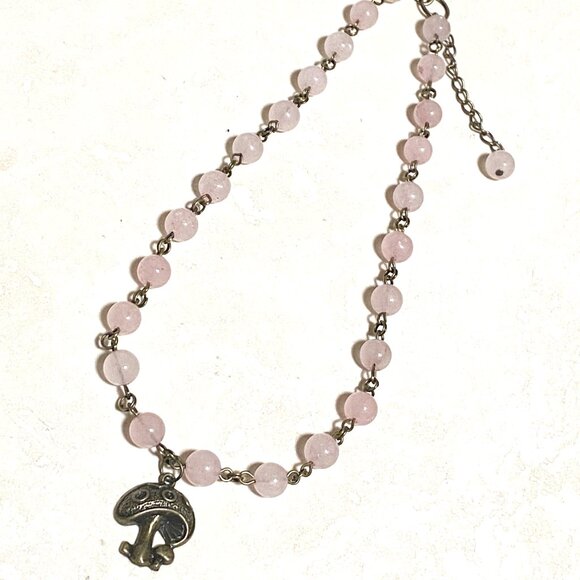 Natural Pink Rose Quartz Necklace, Bronze Round Mushroom+Genuine Gemstone Choker - Picture 5 of 14